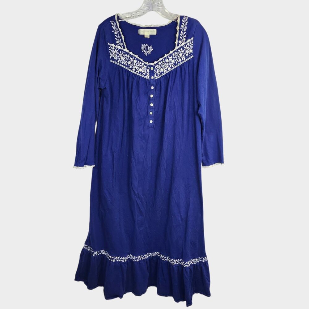 Eileen West Peri Heritage Cotton Flannel Embroidery Long Nightgown Med Cottage